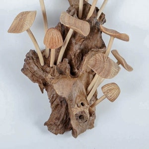 May include: A decorative sculpture featuring multiple carved wooden mushrooms with textured caps and slender stems, all attached to a central piece of gnarled, dark brown driftwood. The mushrooms vary in size and shape, displaying natural wood grain.