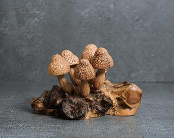 Hand Carved Wooden Mushroom Sculpture: Rustic Wood Carving 3"