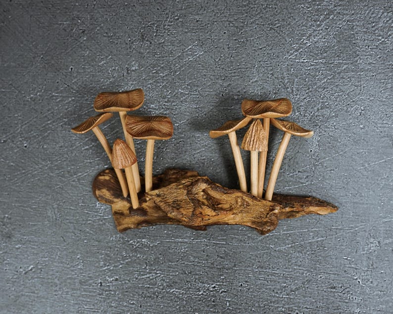 May include: A decorative sculpture featuring two clusters of carved wooden mushrooms attached to a piece of textured driftwood. The mushrooms have light brown, ribbed caps and slender stems, while the base is a dark, weathered piece of wood.
