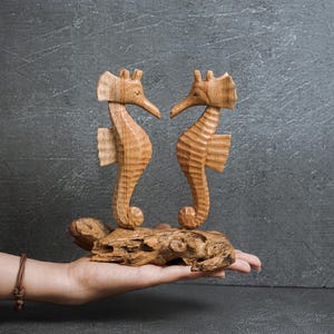 Seahorse Couple Statue 6.8&quot;, Hand Carved, Animal Figure, Ocean, Marine Life, Burl Wood, Living Room Décor, Wedding Gift, Housewarming Gift