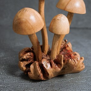 Pu&ograve; includere: Una scultura decorativa composta da quattro funghi in legno intagliato di diverse altezze, fissati su una base in legno naturale testurizzato. I funghi presentano cappelli lisci e arrotondati e steli sottili, con una venatura color legno chiaro.