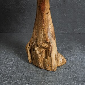 May include: A vertical piece of natural light brown wood with a rough, textured base and a smoother, cylindrical upper section. The wood displays visible grain patterns, knots, and organic irregularities throughout its surface structure.