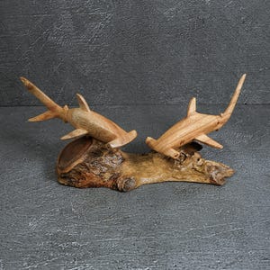 Handmade Wood Shark Couple Statue: Ocean Decor 9&quot; width