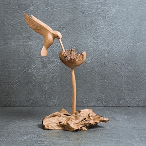 Hummingbird Feeding on a Flower 9.5&quot;, Handmade Bird Sculpture, Wood Carving Figure, Artwork, Colibri, Unique Tabletop Decor, Gift for Her