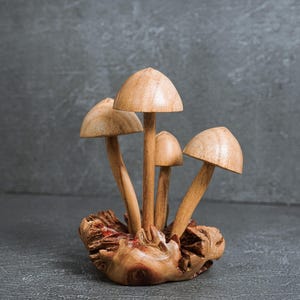 Pu&ograve; includere: Una scultura decorativa composta da quattro funghi in legno marrone chiaro di diverse altezze, tutti fissati su un'unica base in legno naturale testurizzato con venature visibili e bordi e fessure organiche e irregolari.
