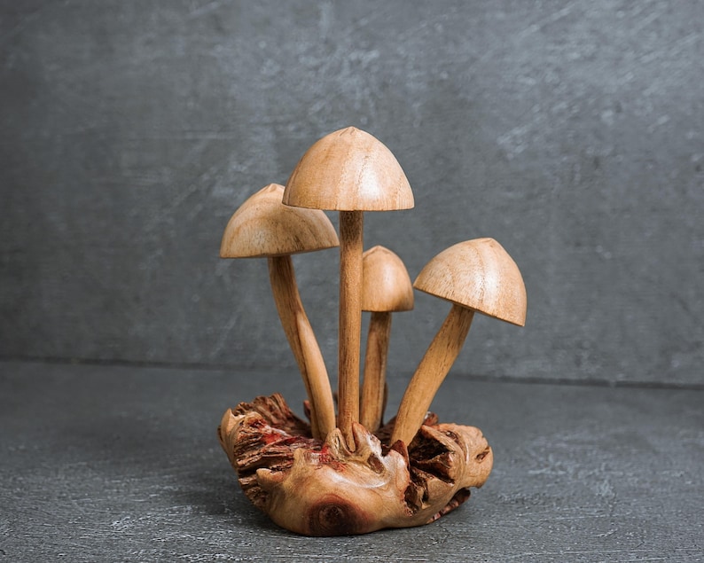 Pu&ograve; includere: Una scultura decorativa composta da quattro funghi in legno marrone chiaro di diverse altezze, tutti fissati su un'unica base in legno naturale testurizzato con venature visibili e bordi e fessure organiche e irregolari.