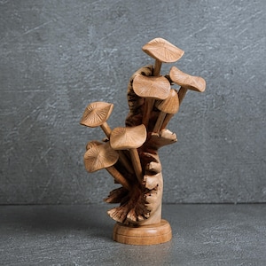 Hand Carved Wood Mushroom Sculpture: Rustic Room Decor 7&quot;