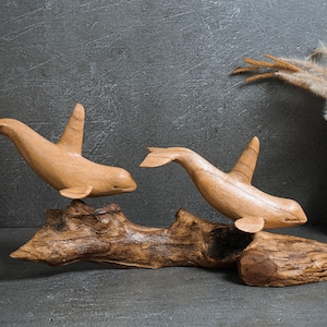 Wooden Orca Sculpture 15&quot;, Duo, Killer Whale Statue, Sea World, Handmade, Wood Carving, Ocean Decor, Natural Piece, Couple, Wedding Gift