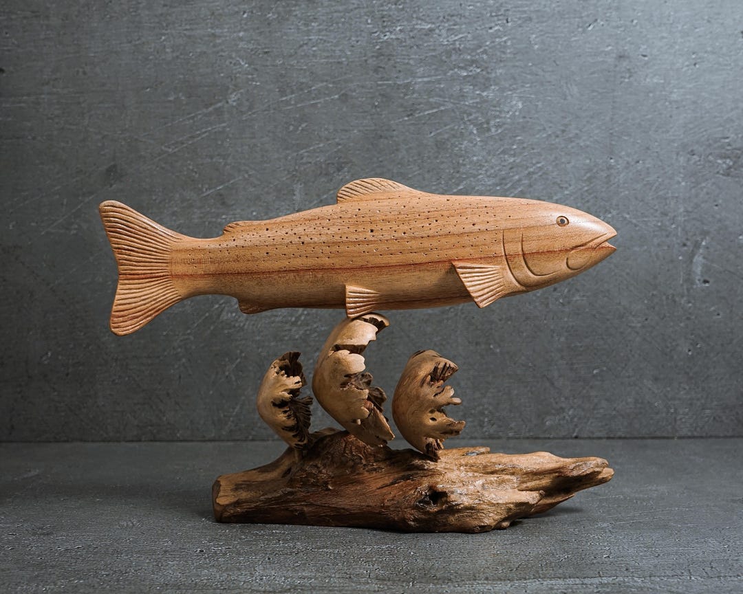 木彫り 魚の彫刻110X42cm 本物にしか見えない！ 木彫りで魚を表現する