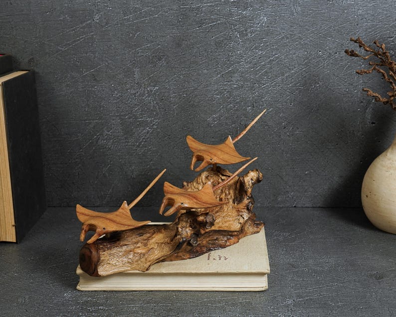 Hand Carved Wooden Manta Ray Statue, Trio, Birthday Gift, 11 Inch Width ...