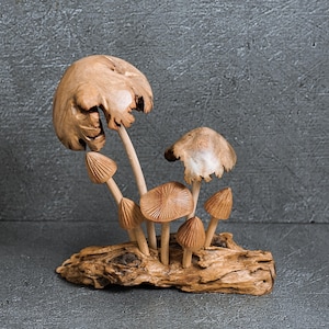 Handmade Wooden Mushroom Statue: Rustic Woodland Decor 7&quot;