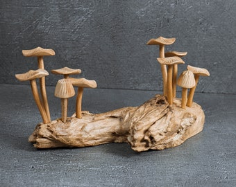 木製のキノコの森の彫刻、幅9.5インチ - Etsy 日本