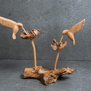 Handmade Wooden Hummingbird Sculpture: Jempinis Wood Couple Statue, 12&quot; width