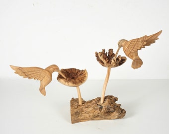 Statue de couple de colibri en bois, 30 cm de large, oiseau fait main, sculpture sur bois, statue animal, décoration de table, cadeau de mariage