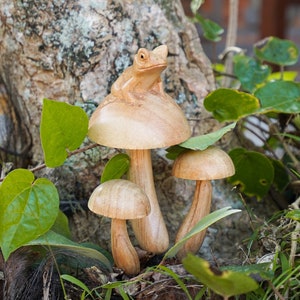 Frog on Mushroom Garden Decor 7&quot;, Wooden Mushroom, Mushroom Figurine, Unique Ornament, Fungi Art, Handicraft, Birthday Gift, Gift for Him