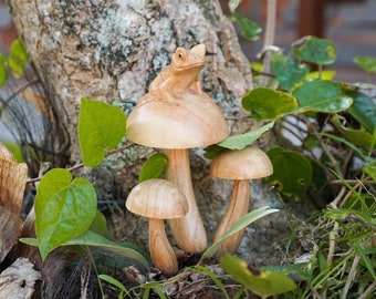 Frog on Mushroom Garden Decor 7", Wooden Mushroom, Mushroom Figurine, Unique Ornament, Fungi Art, Handicraft, Birthday Gift, Gift for Him