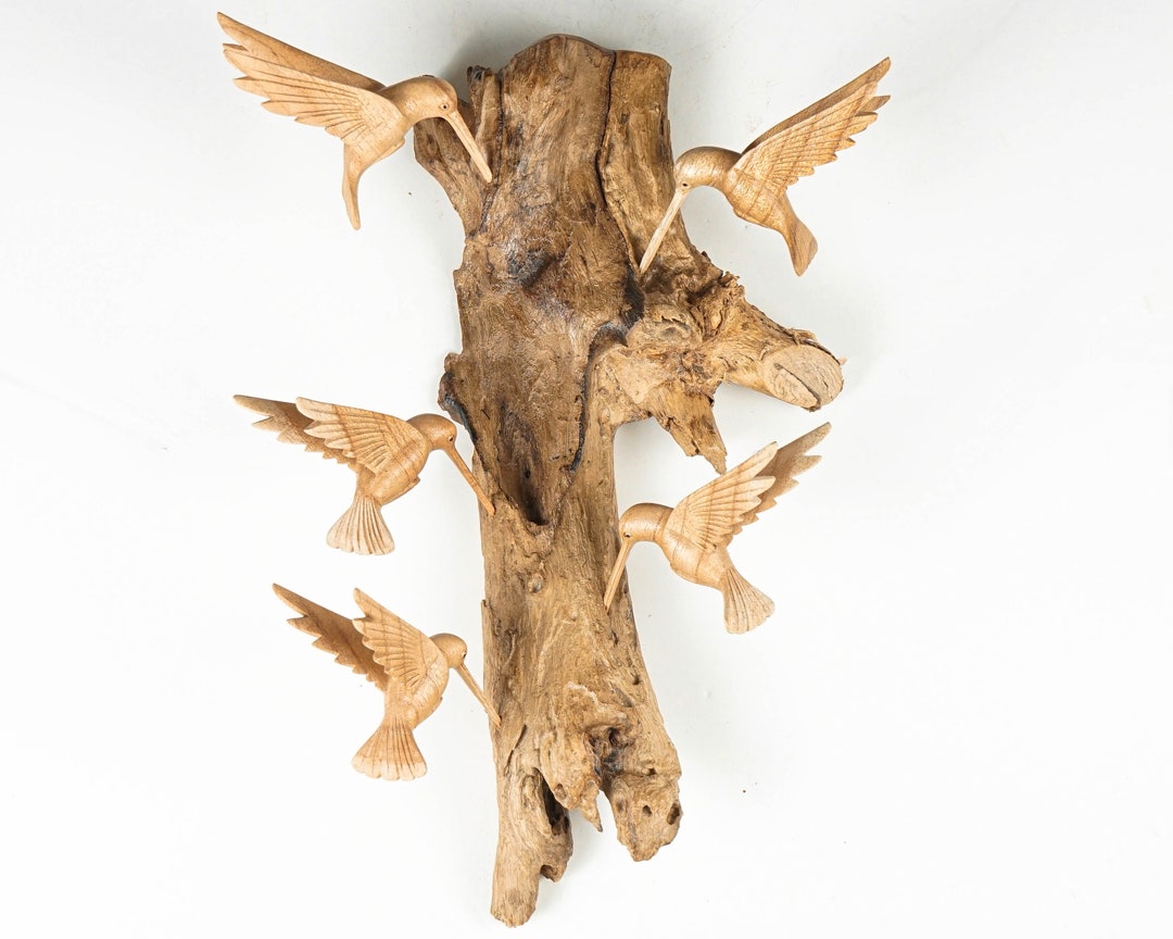 Wooden Hummingbird Wall Decor 15.5, Hanging Statue, Bird on a Tree, Natural Piece, Bird