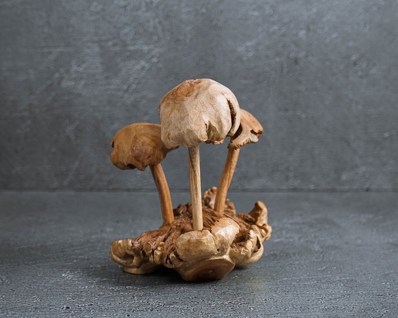 May include: A wooden sculpture of three mushrooms with brown and tan tones. The mushrooms are carved from a single piece of wood and have a natural, rustic look.