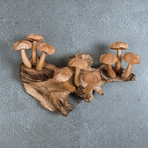 May include: A wall-mounted decorative piece featuring nine carved wooden mushrooms attached to a natural piece of driftwood. The mushrooms have light brown, textured caps and stems, and the driftwood base displays a raw, organic wood grain.
