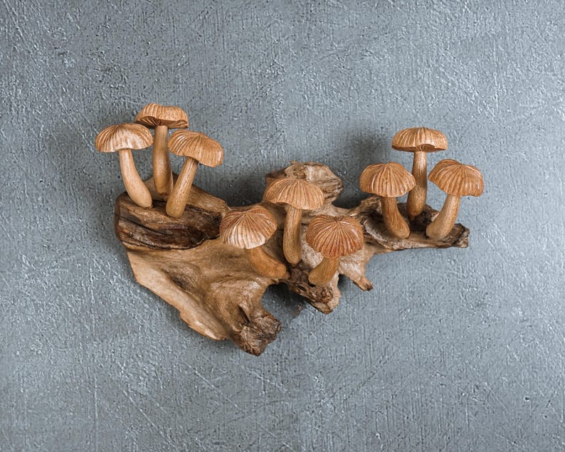 May include: A wall-mounted decorative piece featuring nine carved wooden mushrooms attached to a natural piece of driftwood. The mushrooms have light brown, textured caps and stems, and the driftwood base displays a raw, organic wood grain.