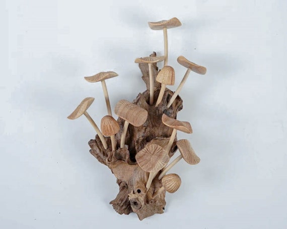 Hand Carved Wooden Mushroom Wall Decor, Driftwood Figurine, 10.8 Inch