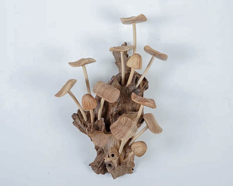 May include: A decorative sculpture featuring multiple carved wooden mushrooms with light brown, textured caps and slender stems, all emerging from a central piece of dark, gnarled, natural driftwood with a rough, organic surface and deep crevices.