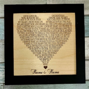 Framed, I Cross My Heart Lyrics-Heart Shape Wooden Shelf Sitter, Personalized