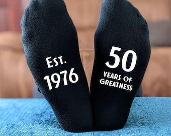 Personalised 50th Birthday Socks – EST 1976 – 50 years of Greatness - Funny Milestone Gift for Him or Her