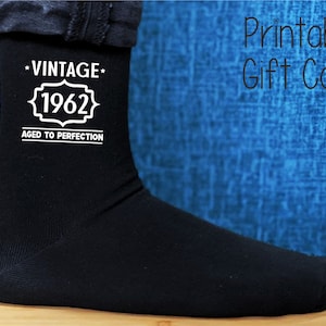 60th Birthday Gift - Vintage 1962 -  Aged to Perfection - Printed Men&#39;s and Ladies Novelty Socks- 40th/50th/70th - All years available