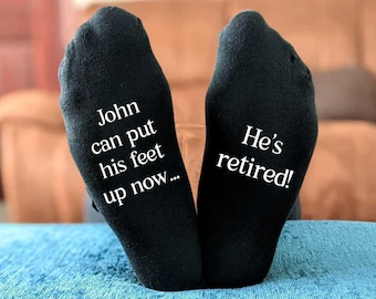 Personalised Retirement Socks – “[Name] Can Put His Feet Up Now”, Funny Retirement Gift for Men, Leaving Work Present, Birthday or Christmas