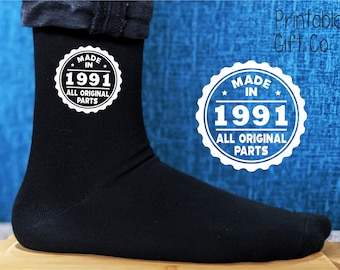 30th Birthday Socks - Made in 1991 -  All Original Parts - Printed Men's and Ladies Novelty GIFT - 40th/50th/60th - All years available