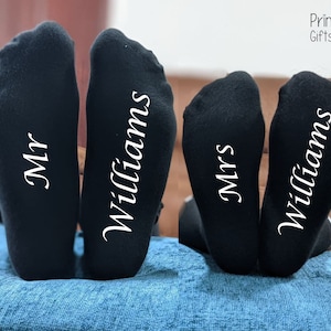 Romantic His and Hers Gift for Couples - Mr and Mrs Personalised Printed Name Cotton Socks - Gift for Weddings, Anniversaries, Valentines.