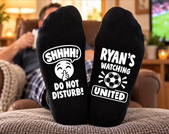 Personalised United Socks – [NAME]'s Watching United – Shhh! Do Not Disturb! – Funny Custom Football Fan Gift