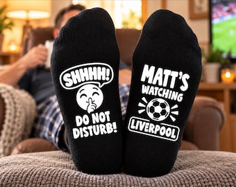 Personalised Liverpool Socks – [NAME]'s Watching Liverpool – Shhh! Do Not Disturb! – Funny Custom Liverpool Football Fan Gift