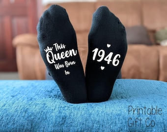 This Queen was born in 1946 - 80th Birthday Socks - Printed Men's and Ladies Novelty GIFT - All years available