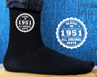 70th Birthday Socks - Made in 1951 -  All Original Parts - Printed Men's and Ladies Novelty GIFT - 40th/50th/60th - All years available