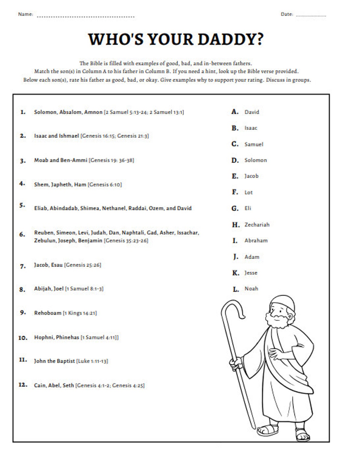 Bible Game Printable Who's Your Daddy Worksheet Instant File Download