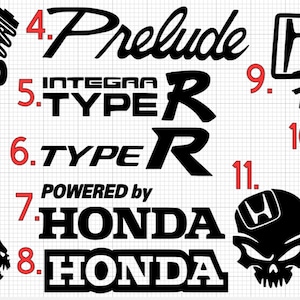 May include: A collection of eleven black and white decals featuring Honda logos, text, and graphic designs. The decals include "static drop", "Prelude", "Integra Type R", "Type R", "Powered by Honda", "Honda Floor", and skull designs.