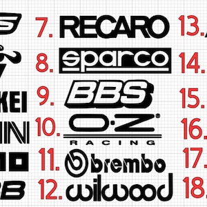 May include: A grid of 18 black and white logos of popular automotive brands, including Rays, Recaro, Remus, K&N, Sparco, HKS, Enkei, BBS, Pirelli, Tein, OZ Racing, NOS, Momo, Brembo, Yokohama, Cobb, Wilwood, and Alpine.