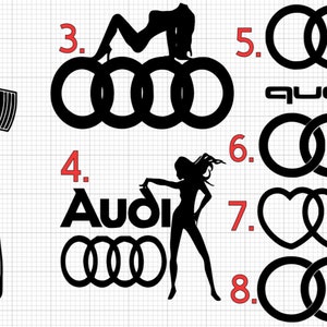 May include: A set of eight black and white stickers featuring different designs, including a skull, a minion, and various variations of the Audi logo. The stickers are numbered 1 through 8.