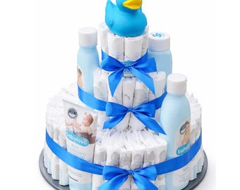 Windeltorte 3-stöckig Babylove 5 Pflegeprodukte 42 Windeln Gr.2 Junge Geburt Babyparty
