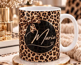 Personalisierte Leo Tasse mit Namen, Luxury Leopard Print Kaffeebecher in Schwarz Gold, Glamour Geschenk für Frauen Individuelle Namenstasse