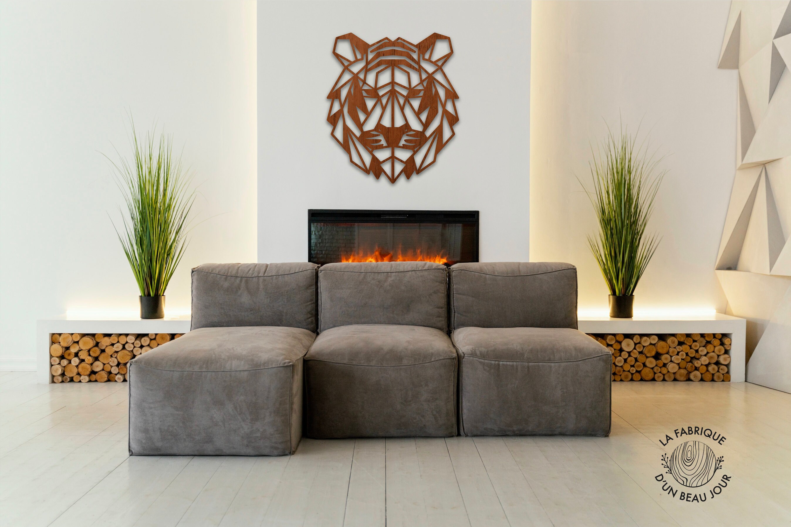 Animal Décoratif en Bois Tête de Tigre Géométrique - Décoration Murale, Art Mural Foncé