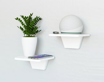 Minimalist Floating Shelves | Set of 2 White Floating Shelves | No Drill Shelf Using Adhesive | Wall Mounted White Shelves