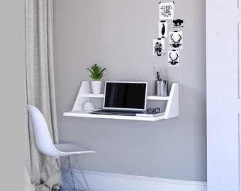 Reversible Wall Desk, White Floating Desk for Wall with Wall Mounted Desk Shelf, Computer Home Office Desk - L