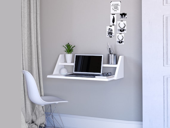 White floating 2024 desk with storage