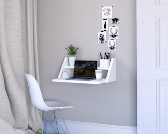 Reversible Wall Desk, White Floating Desk for Wall with Wall Mounted Desk Shelf, Computer Home Office Desk - M