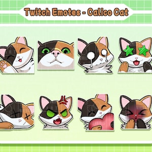 Könnte beinhalten: Ein Satz von acht animierten Twitch-Emojis mit einer dreifarbigen Katze mit verschiedenen Ausdrücken, darunter Zwinkern, Weinen und Erröten. Die Emojis sind im Cartoon-Stil mit leuchtenden Farben und kräftigen Umrissen gestaltet.