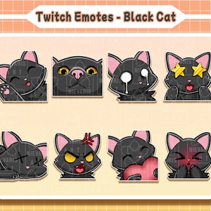Twitch Emote / Cute Black Cat emotes pack (Hello, Curious, Cry, Hype, Dead, Angry, Love, Blush)