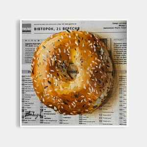 Peinture de bagel, peinture alimentaire, peinture à l'huile originale, art du journal, peinture du petit déjeuner, art de New York, art mural 3D de la salle à manger, pop art coloré